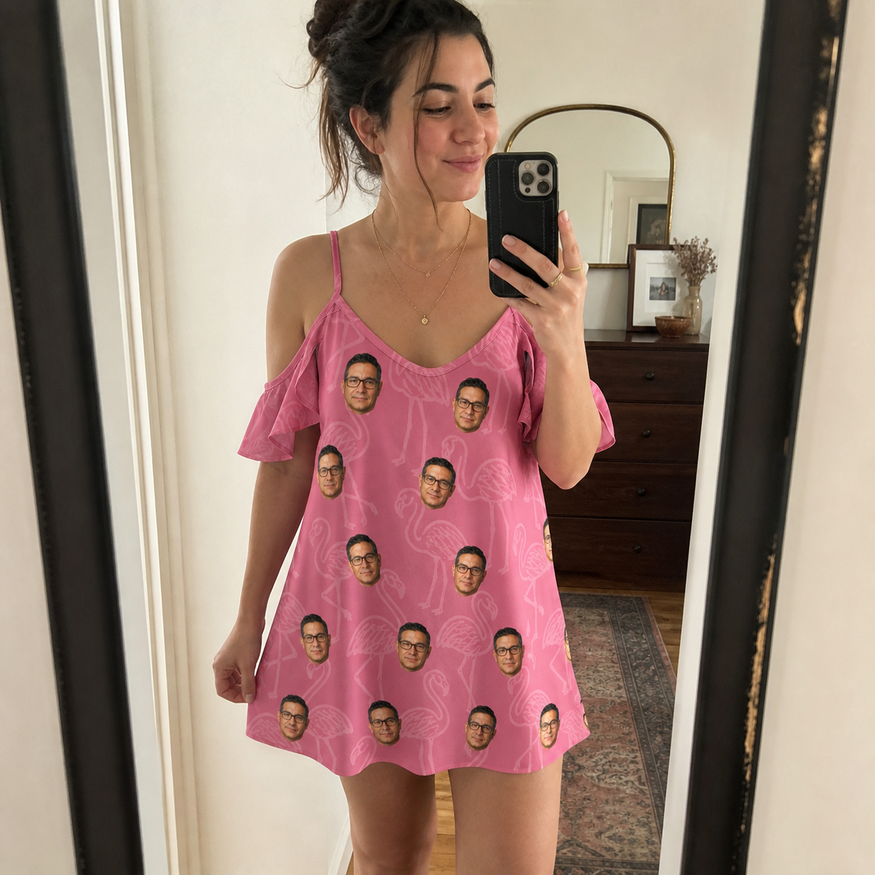 Real-life photo of someone wearing Women's Beakside Belles Custom Face Off-Shoulder Dress — custom faces printed all-over