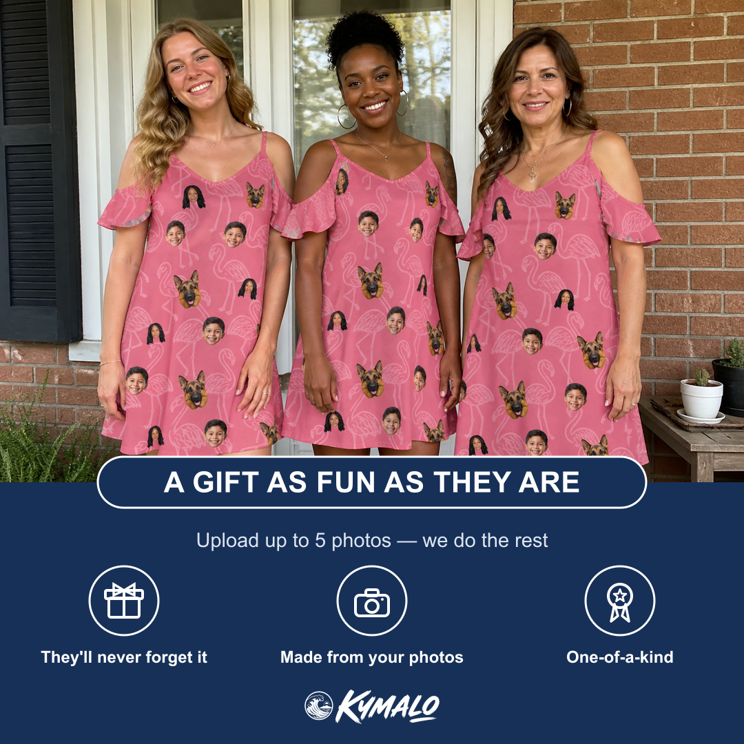 Friends in matching Women's Beakside Belles Custom Face Off-Shoulder Dress — a group gift photo