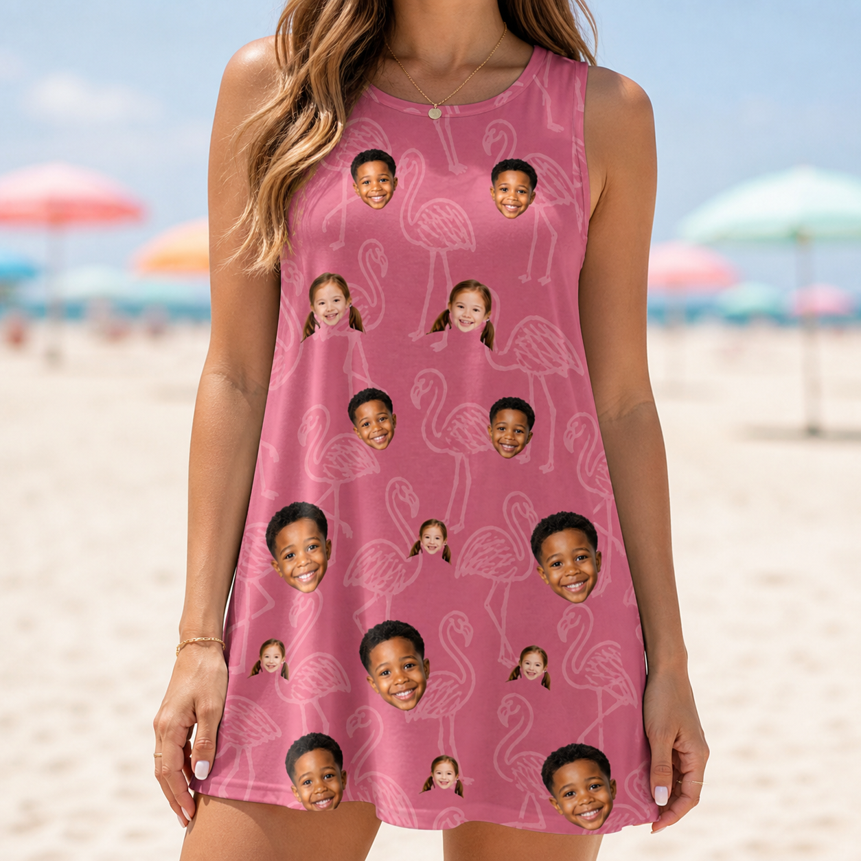 Model wearing Women's Beakside Belles Custom Face Tank Dress printed with kids' faces