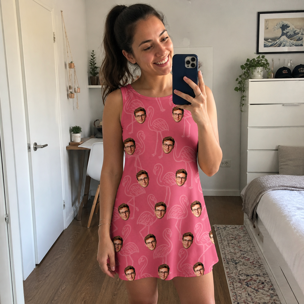 Real-life photo of someone wearing Women's Beakside Belles Custom Face Tank Dress — custom faces printed all-over