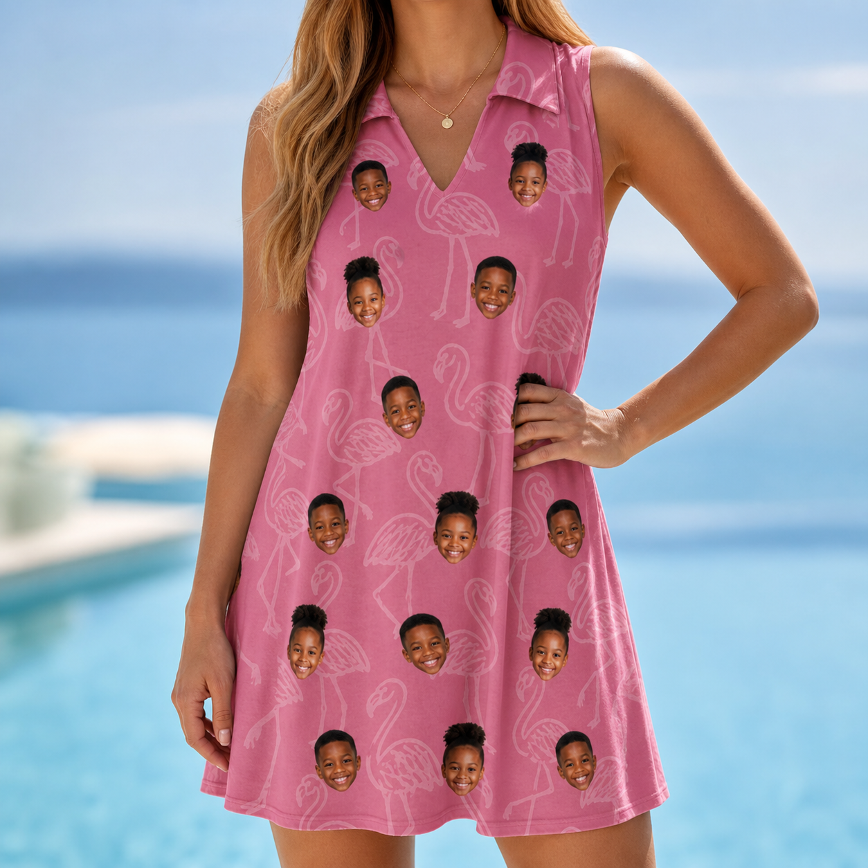 Model wearing Women's Beakside Belles Custom Face V-Neck Dress printed with kids' faces