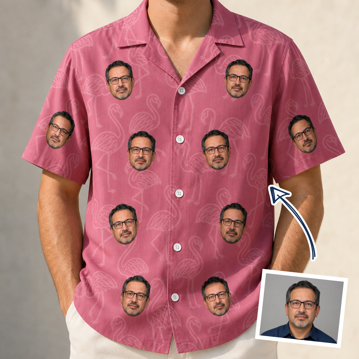 Man wearing Men's Beakside Belles Custom Face Hawaiian Shirt — custom faces printed all-over