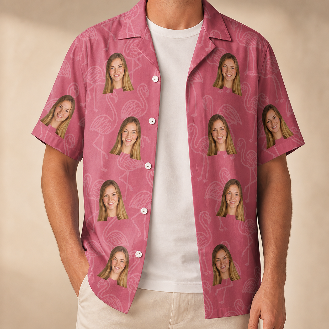 Man wearing Men's Beakside Belles Custom Face Hawaiian Shirt open over a white tee