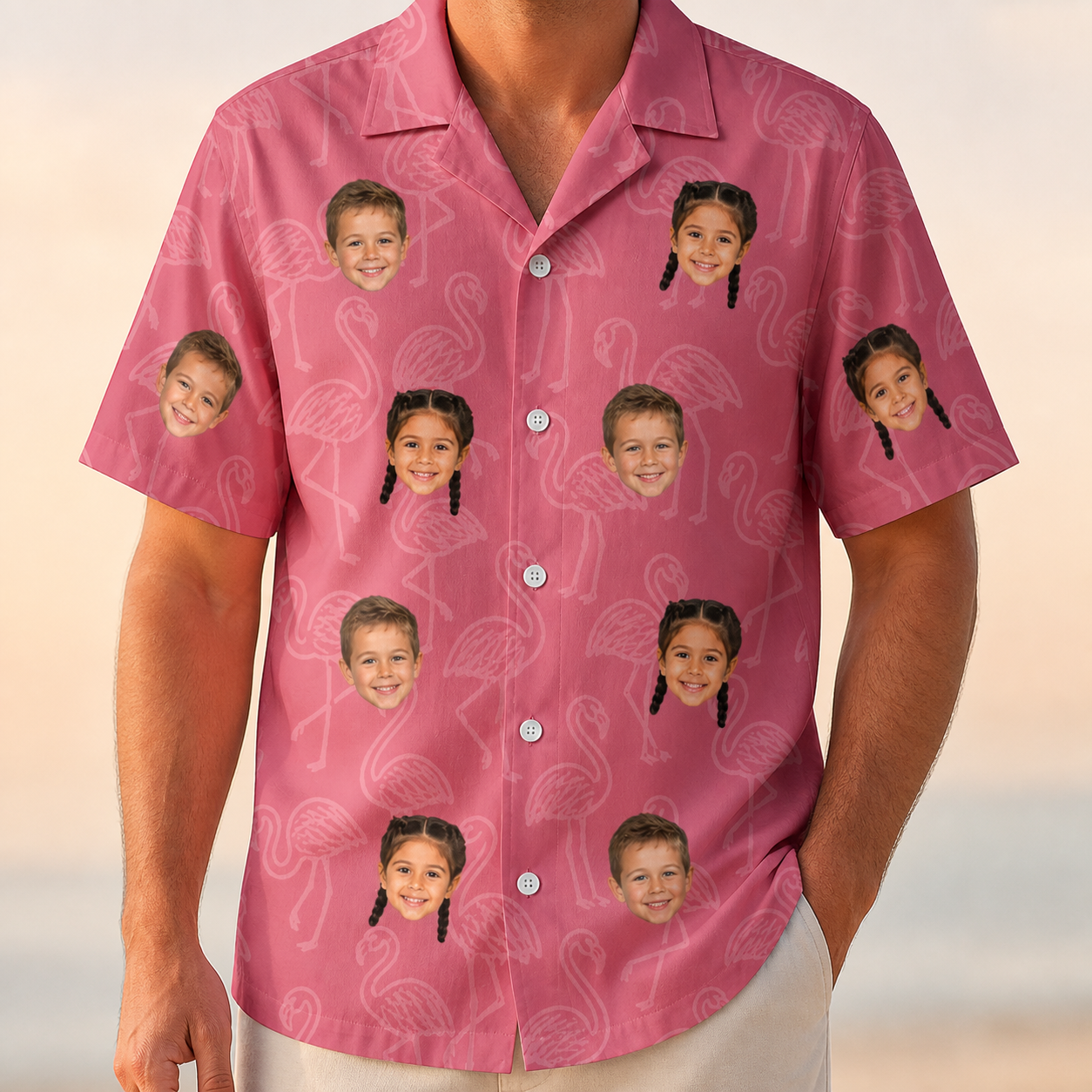 Model wearing Men's Beakside Belles Custom Face Hawaiian Shirt printed with kids' faces