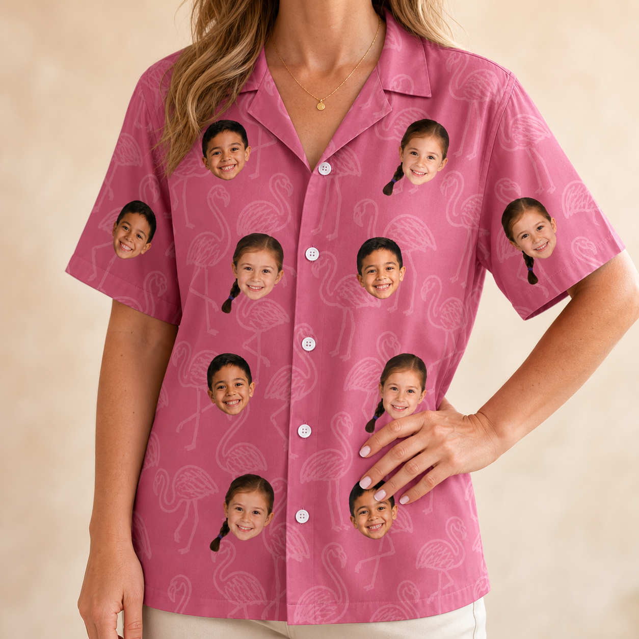 Model wearing Women's Beakside Belles Custom Face Hawaiian Shirt printed with kids' faces