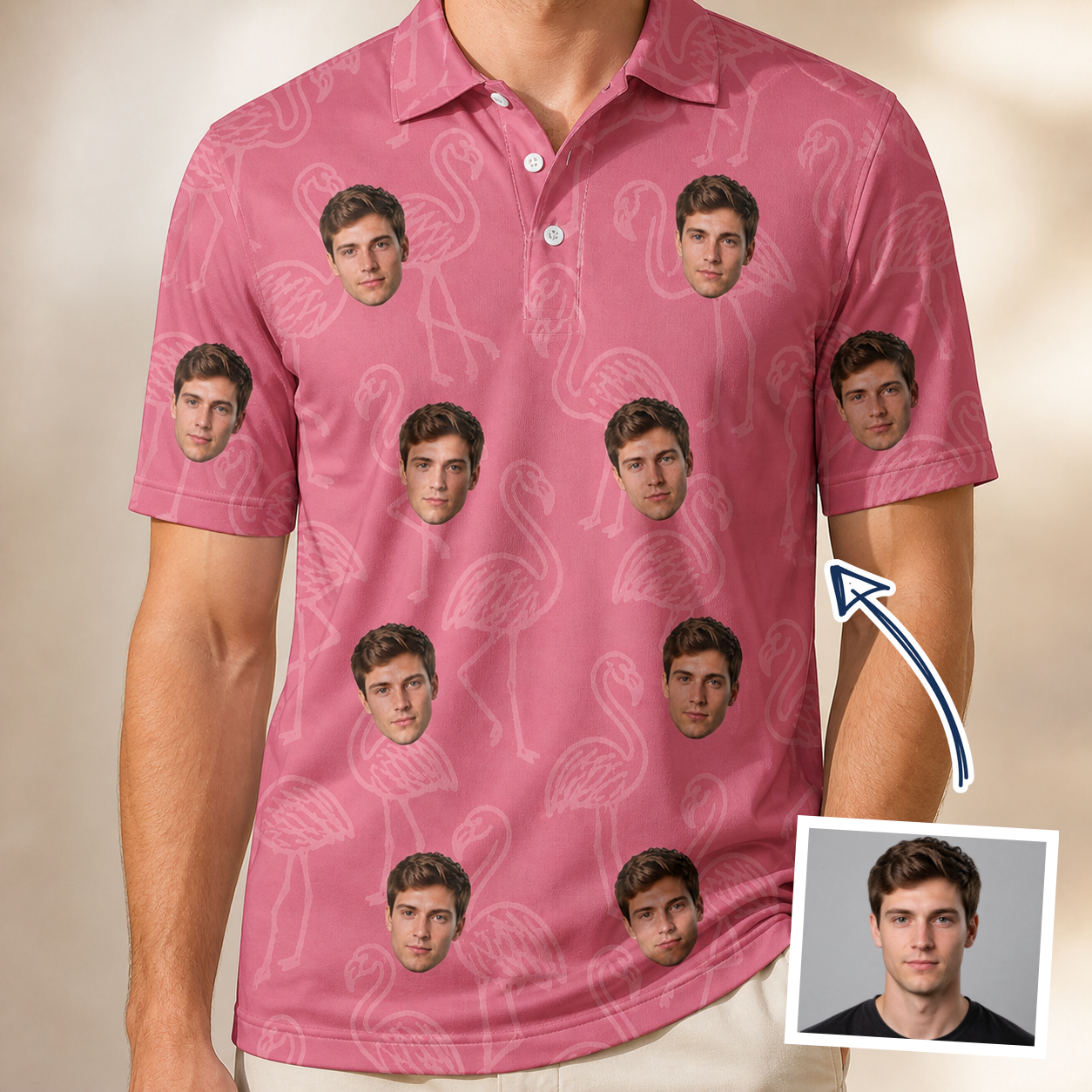 Man wearing Men's Beakside Belles Custom Face Polo Shirt — custom faces printed all-over
