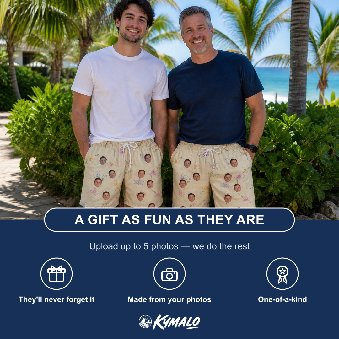 Friends in matching Men's Vanda Vogue Custom Face Beach Shorts — a group gift photo