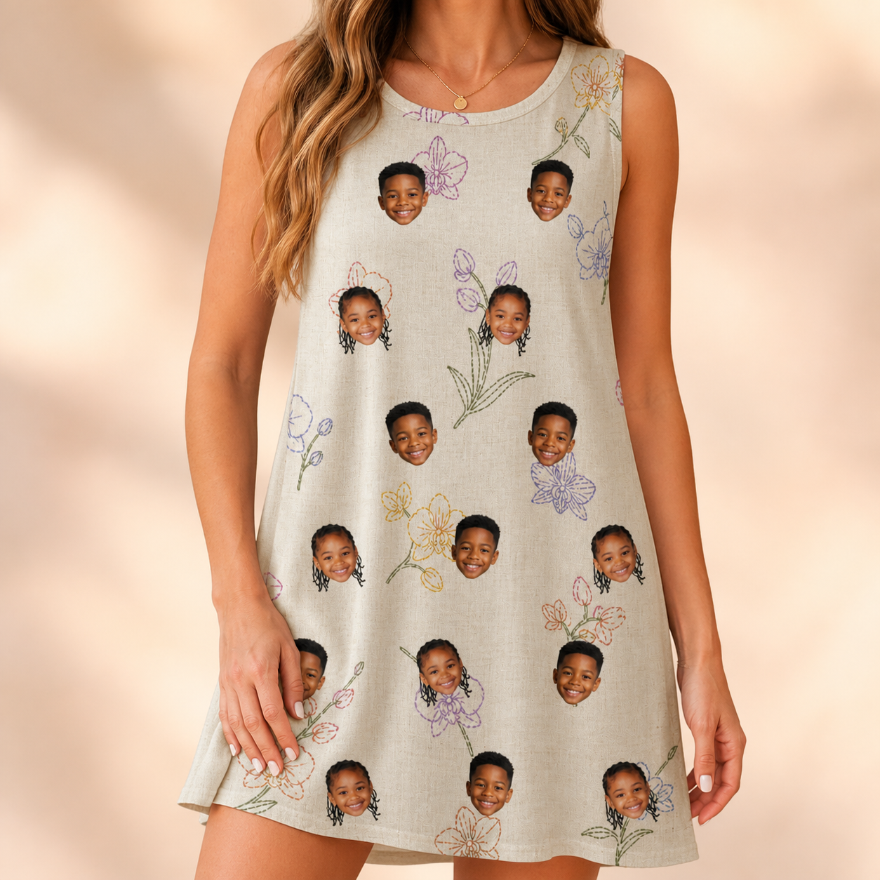 Model wearing Women's Vanda Vogue Custom Face Tank Dress printed with kids' faces