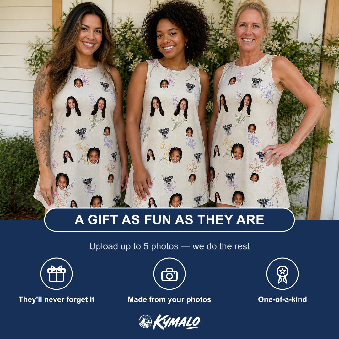 Friends in matching Women's Vanda Vogue Custom Face Tank Dress — a group gift photo