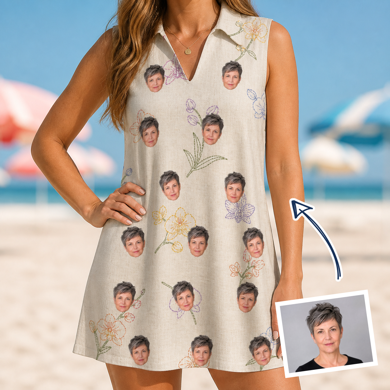Woman wearing Women's Vanda Vogue Custom Face V-Neck Dress — custom faces printed all-over