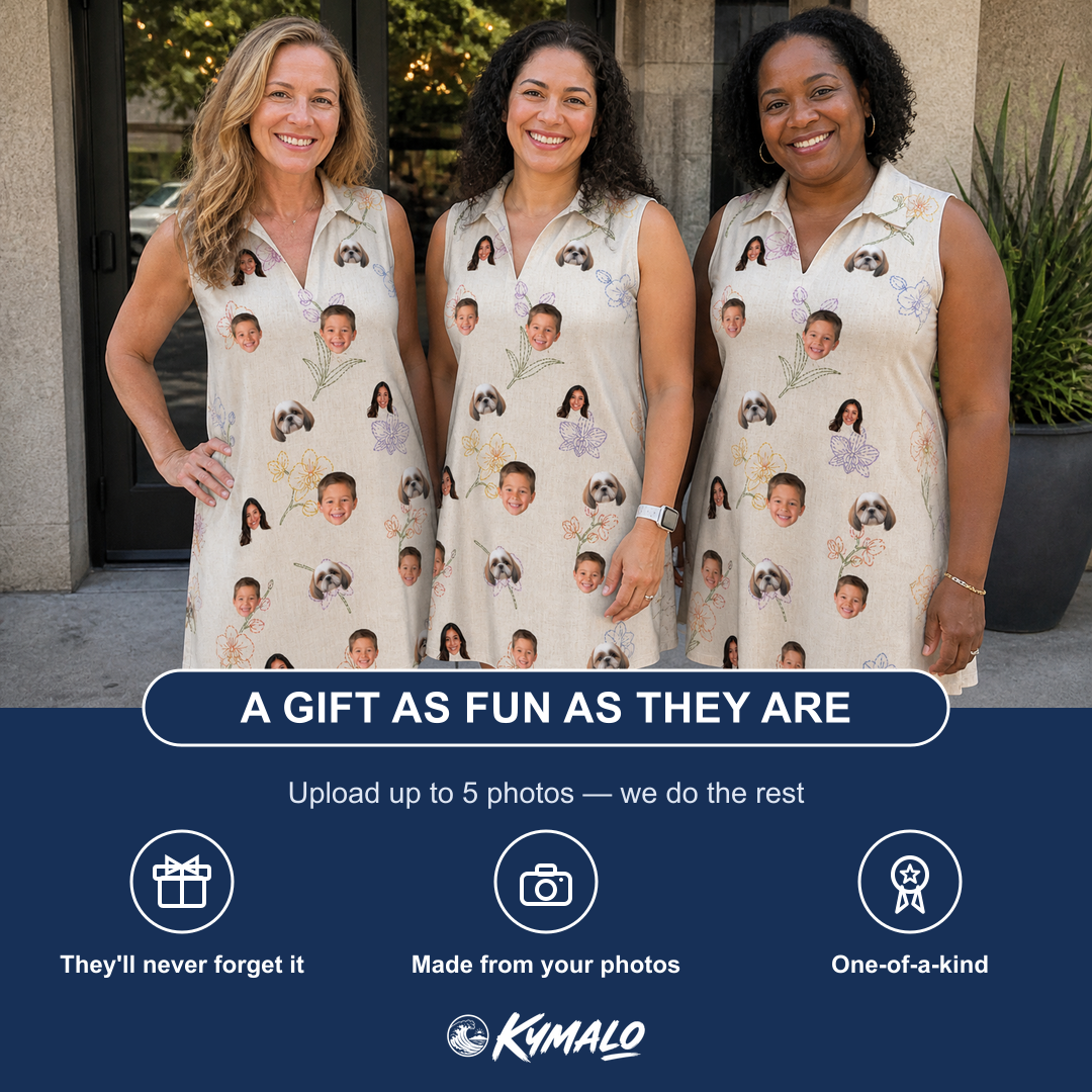 Friends in matching Women's Vanda Vogue Custom Face V-Neck Dress — a group gift photo