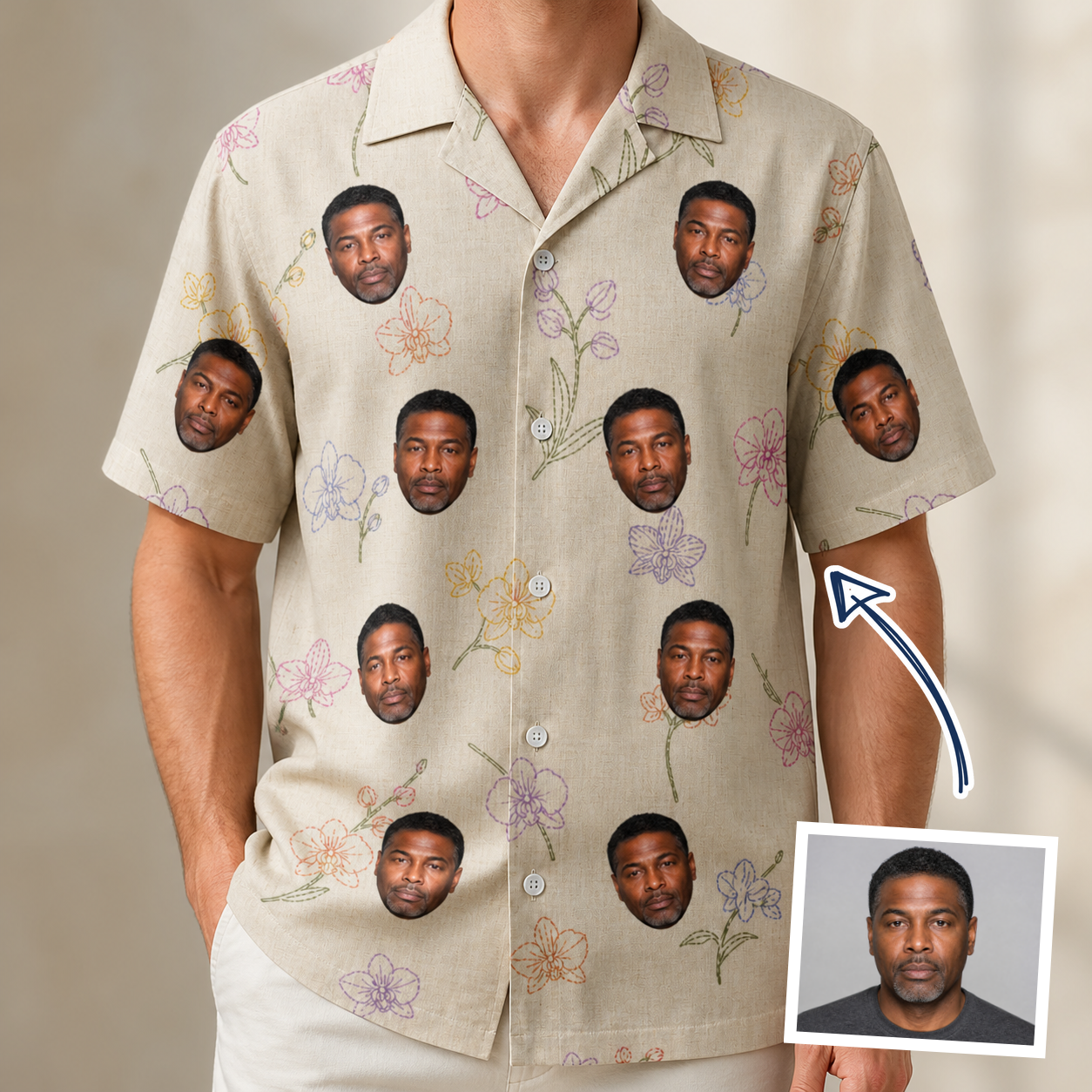 Man wearing Men's Vanda Vogue Custom Face Hawaiian Shirt — custom faces printed all-over