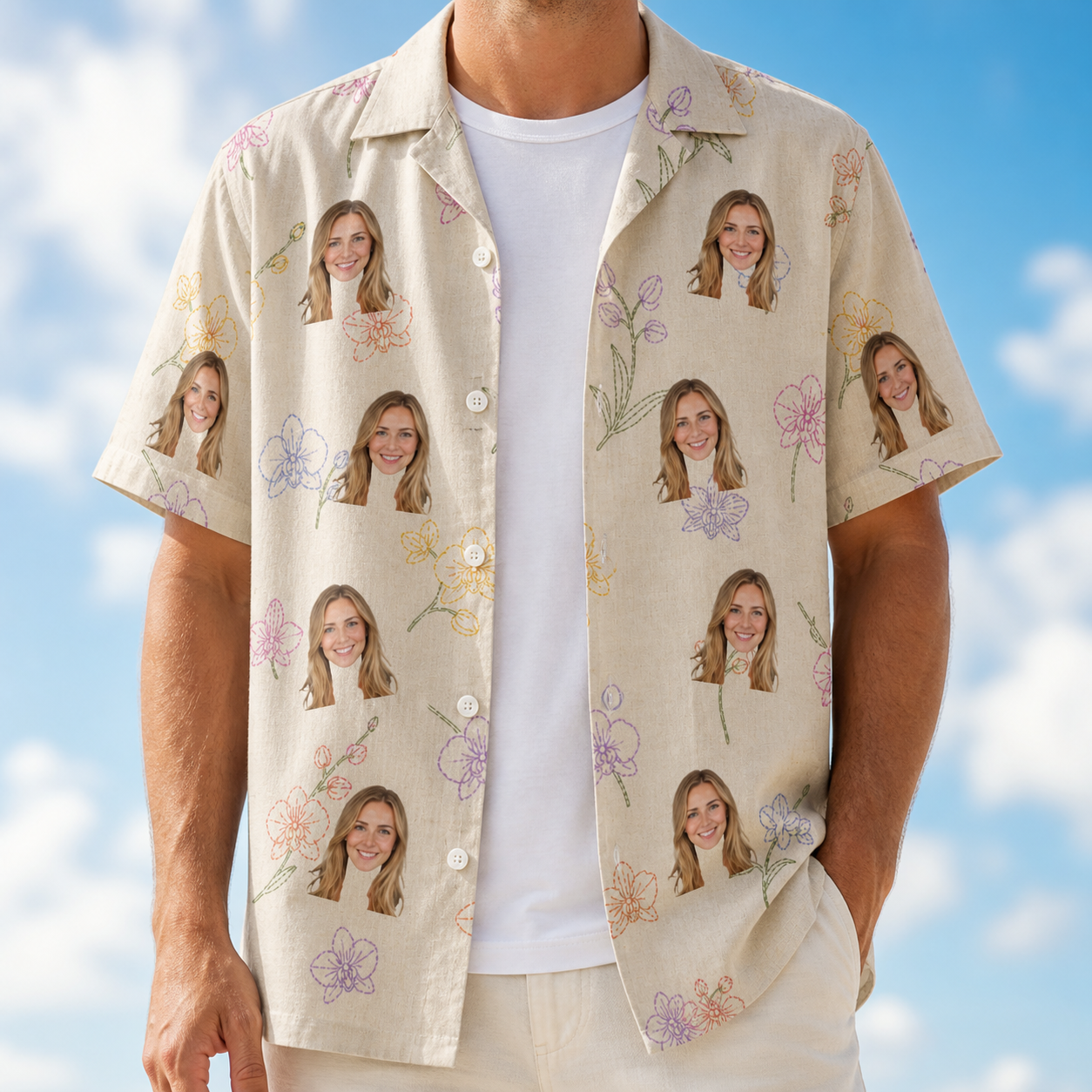 Man wearing Men's Vanda Vogue Custom Face Hawaiian Shirt open over a white tee