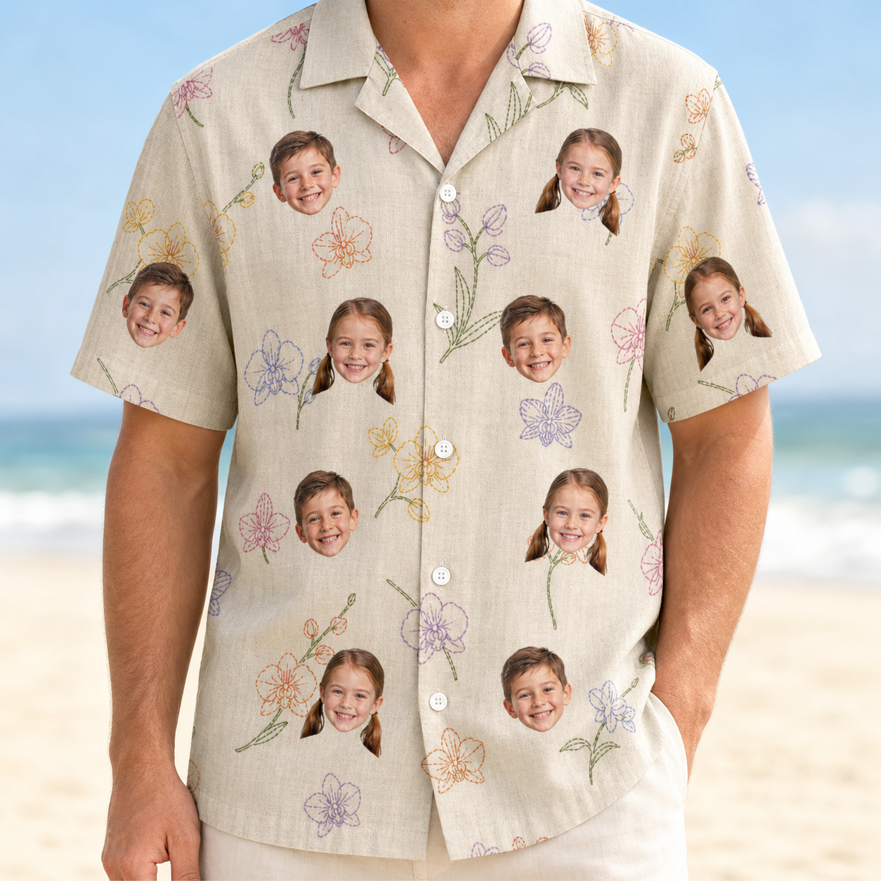 Model wearing Men's Vanda Vogue Custom Face Hawaiian Shirt printed with kids' faces