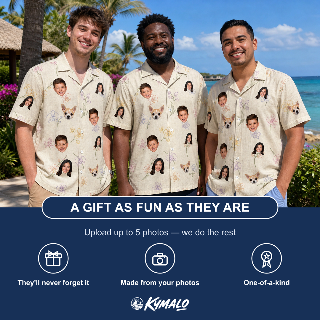 Friends in matching Men's Vanda Vogue Custom Face Hawaiian Shirt — a group gift photo