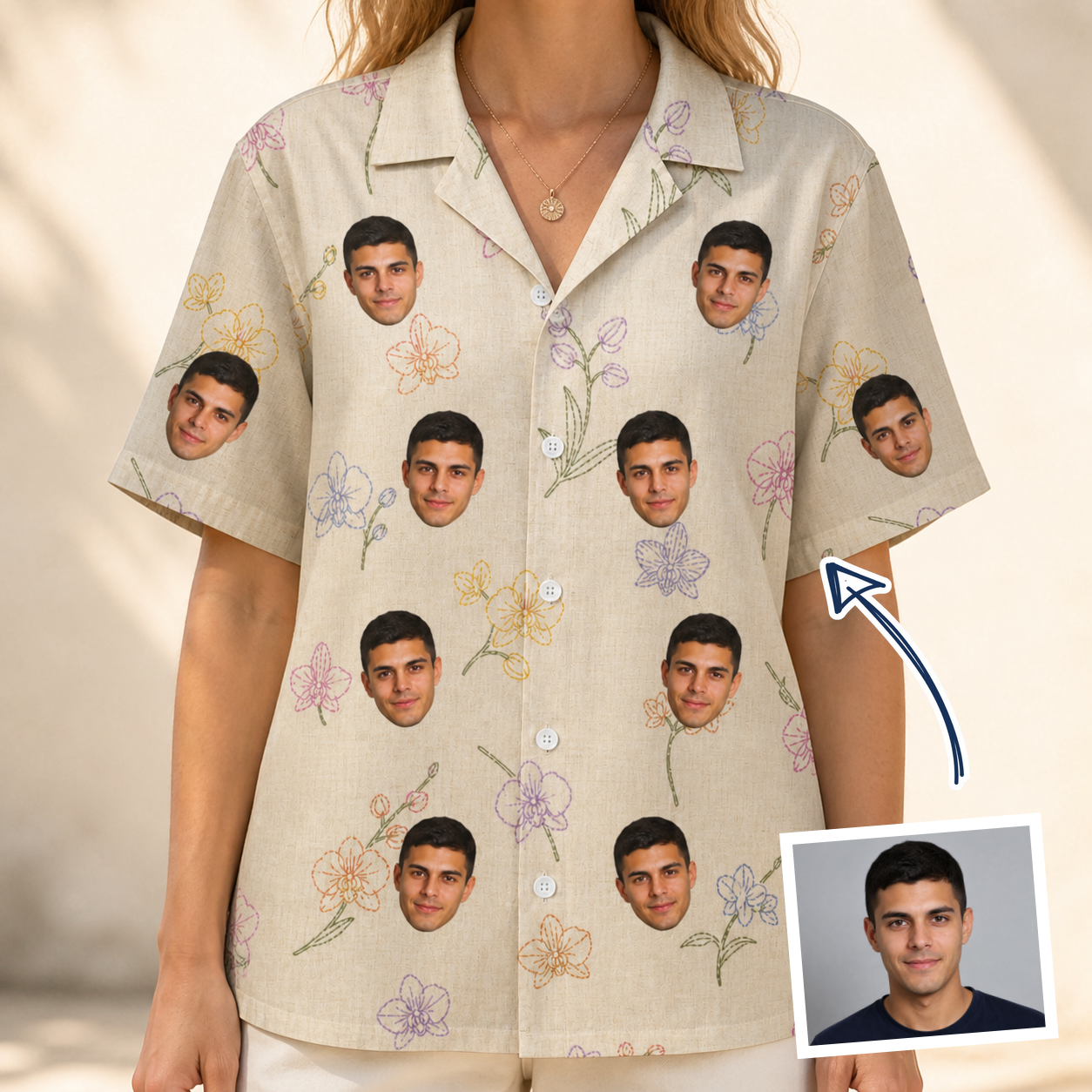 Woman wearing Women's Vanda Vogue Custom Face Hawaiian Shirt — custom faces printed all-over