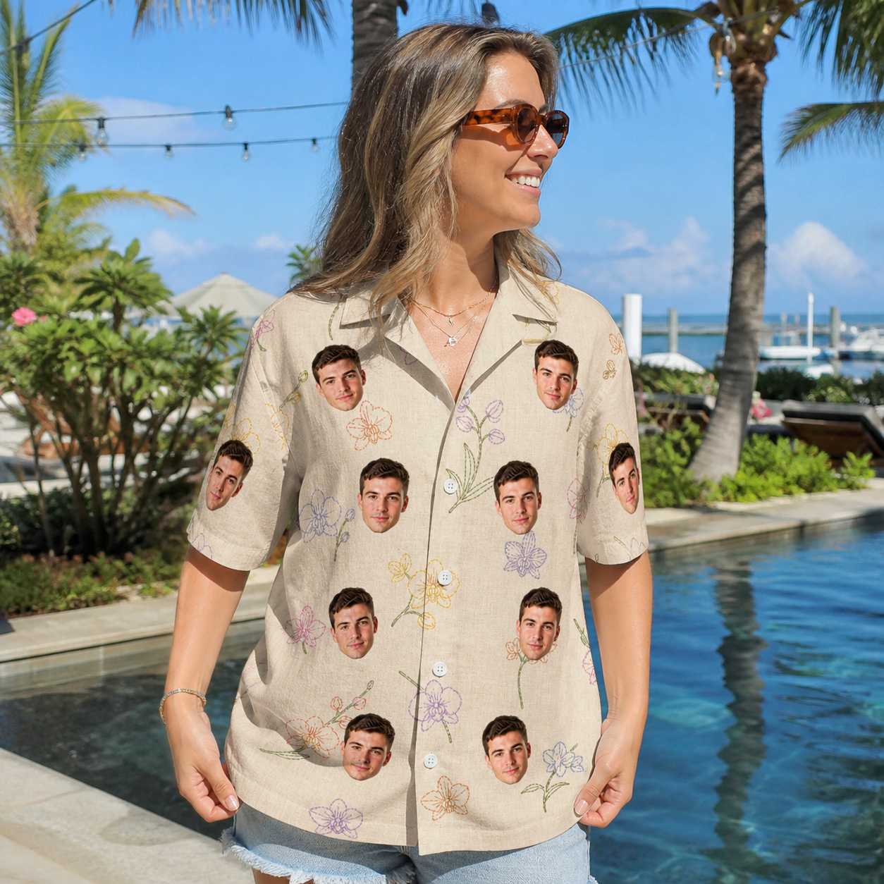 Real-life photo of someone wearing Women's Vanda Vogue Custom Face Hawaiian Shirt — custom faces printed all-over