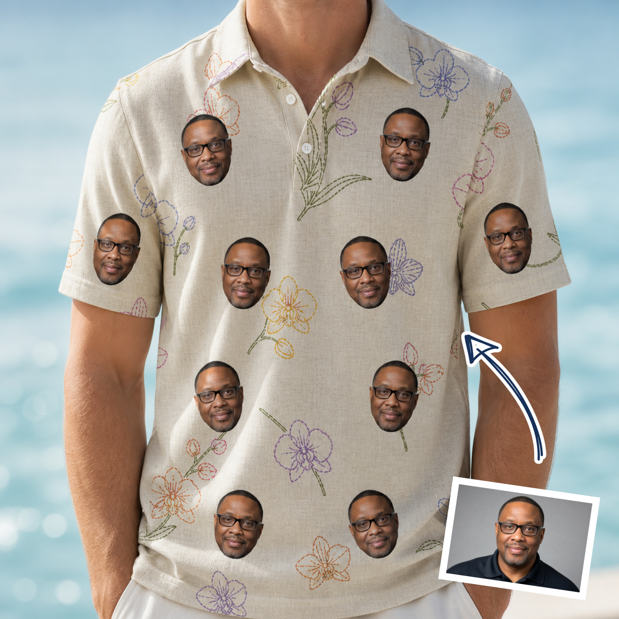 Man wearing Men's Vanda Vogue Custom Face Polo Shirt — custom faces printed all-over