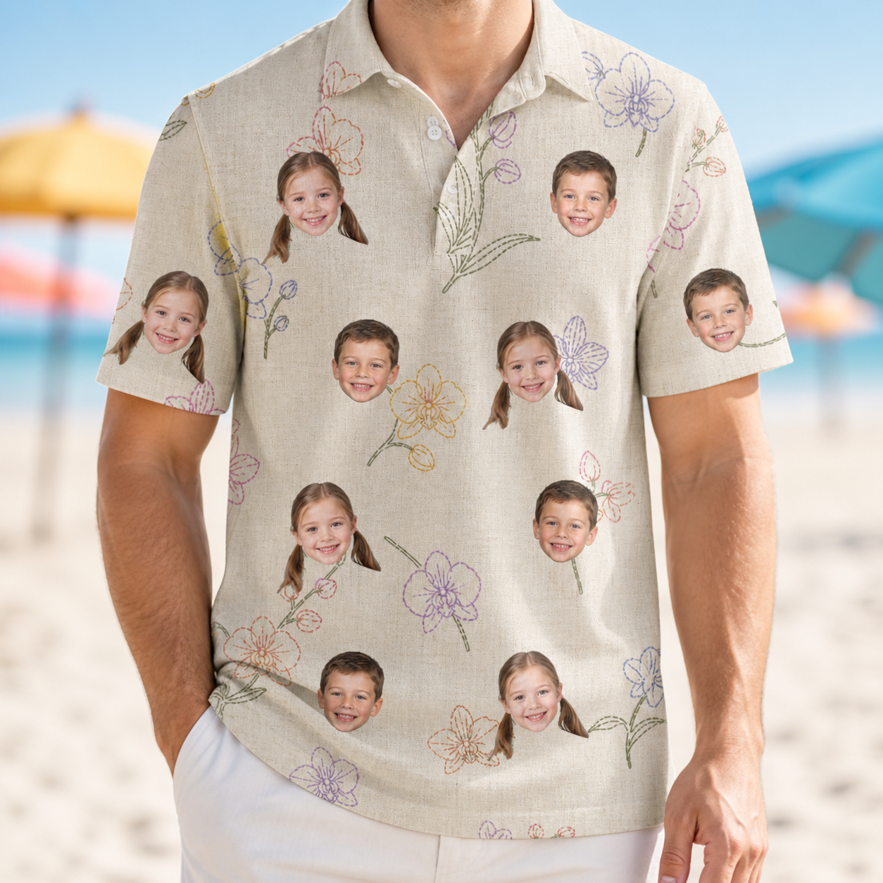 Model wearing Men's Vanda Vogue Custom Face Polo Shirt printed with kids' faces