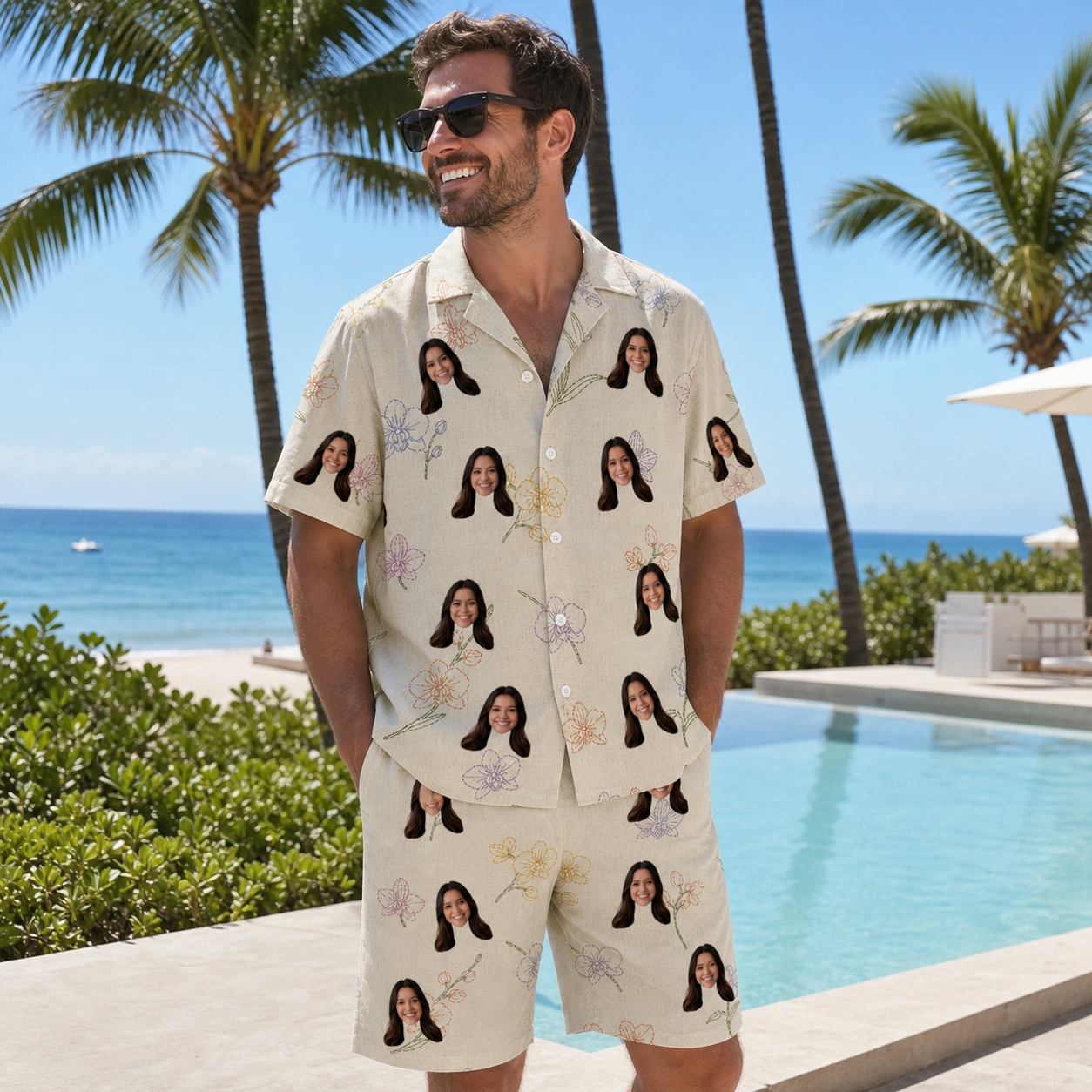 Real-life photo of someone wearing Men's Vanda Vogue Custom Face Shirt & Shorts Set — custom faces printed all-over