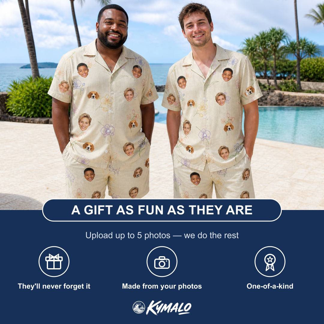 Friends in matching Men's Vanda Vogue Custom Face Shirt & Shorts Set — a group gift photo