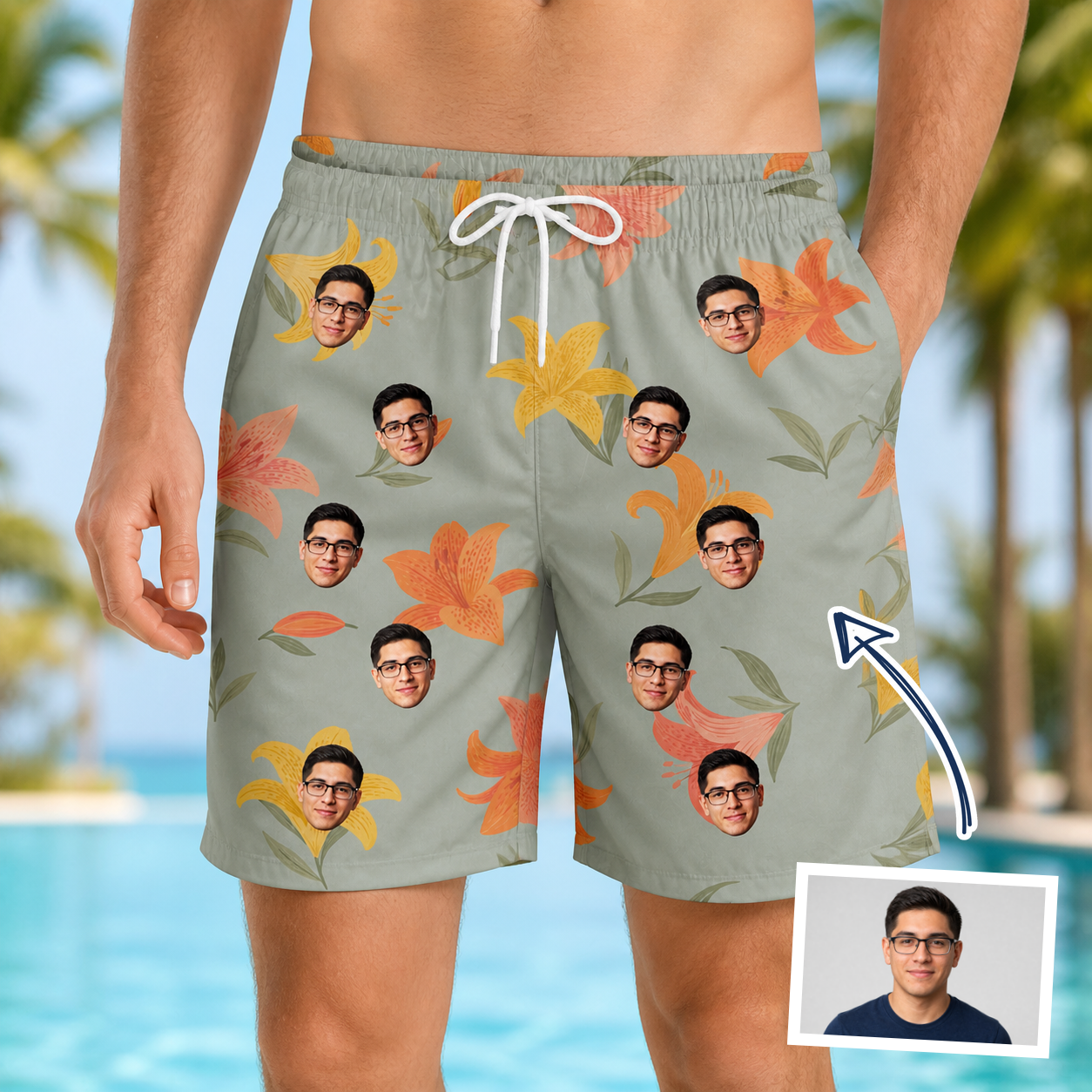 Man wearing Men's Corolla Carnival Custom Face Beach Shorts — custom faces printed all-over
