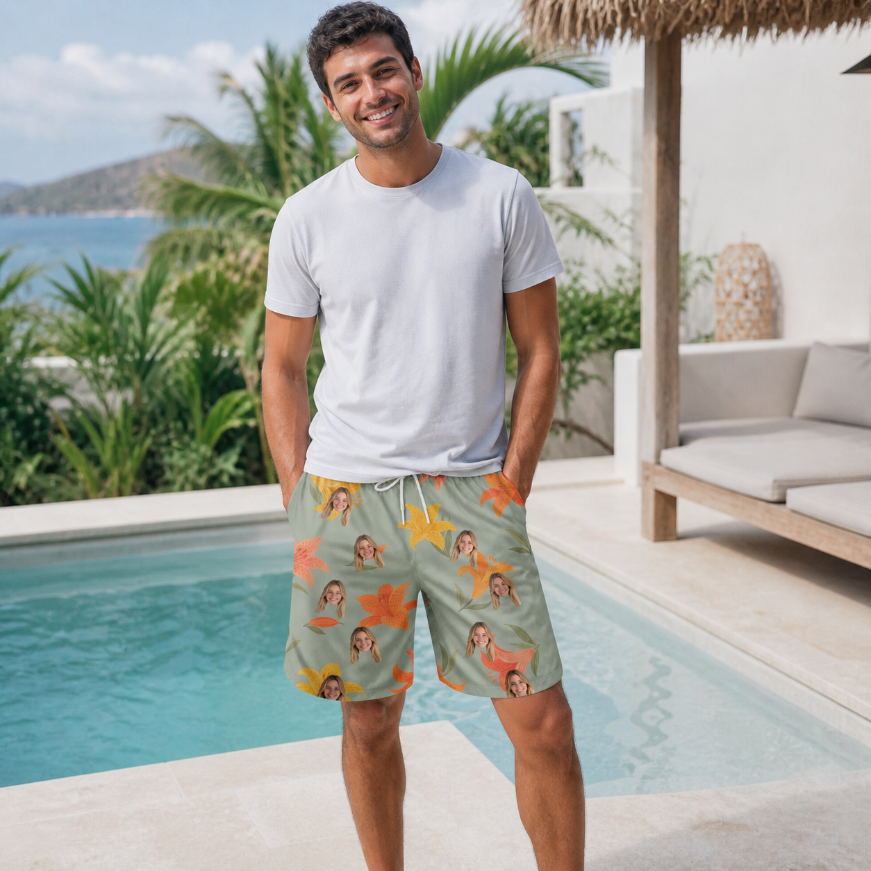Real-life photo of someone wearing Men's Corolla Carnival Custom Face Beach Shorts — custom faces printed all-over