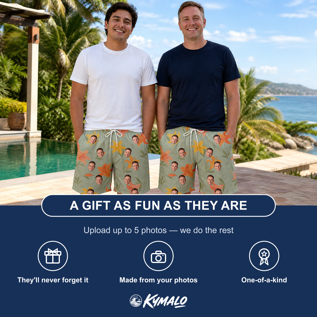 Friends in matching Men's Corolla Carnival Custom Face Beach Shorts — a group gift photo
