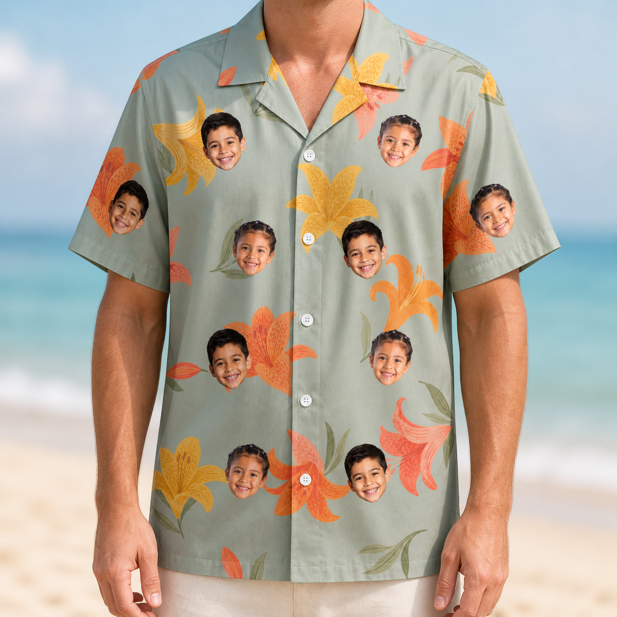 Model wearing Men's Corolla Carnival Custom Face Hawaiian Shirt printed with kids' faces