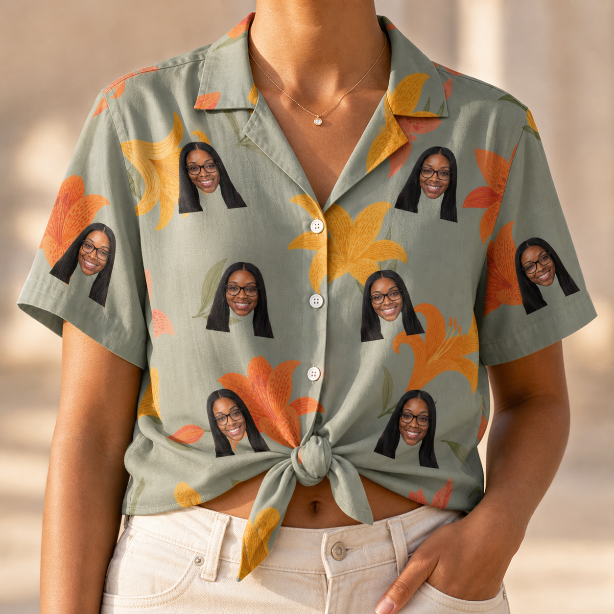 Woman wearing Women's Corolla Carnival Custom Face Hawaiian Shirt tied at the waist