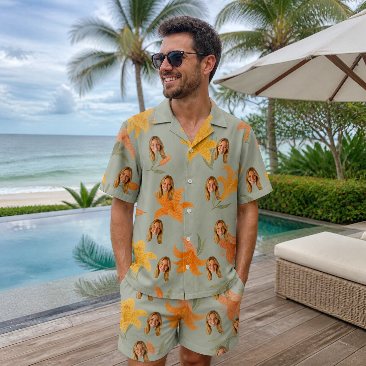 Real-life photo of someone wearing Men's Corolla Carnival Custom Face Shirt & Shorts Set — custom faces printed all-over