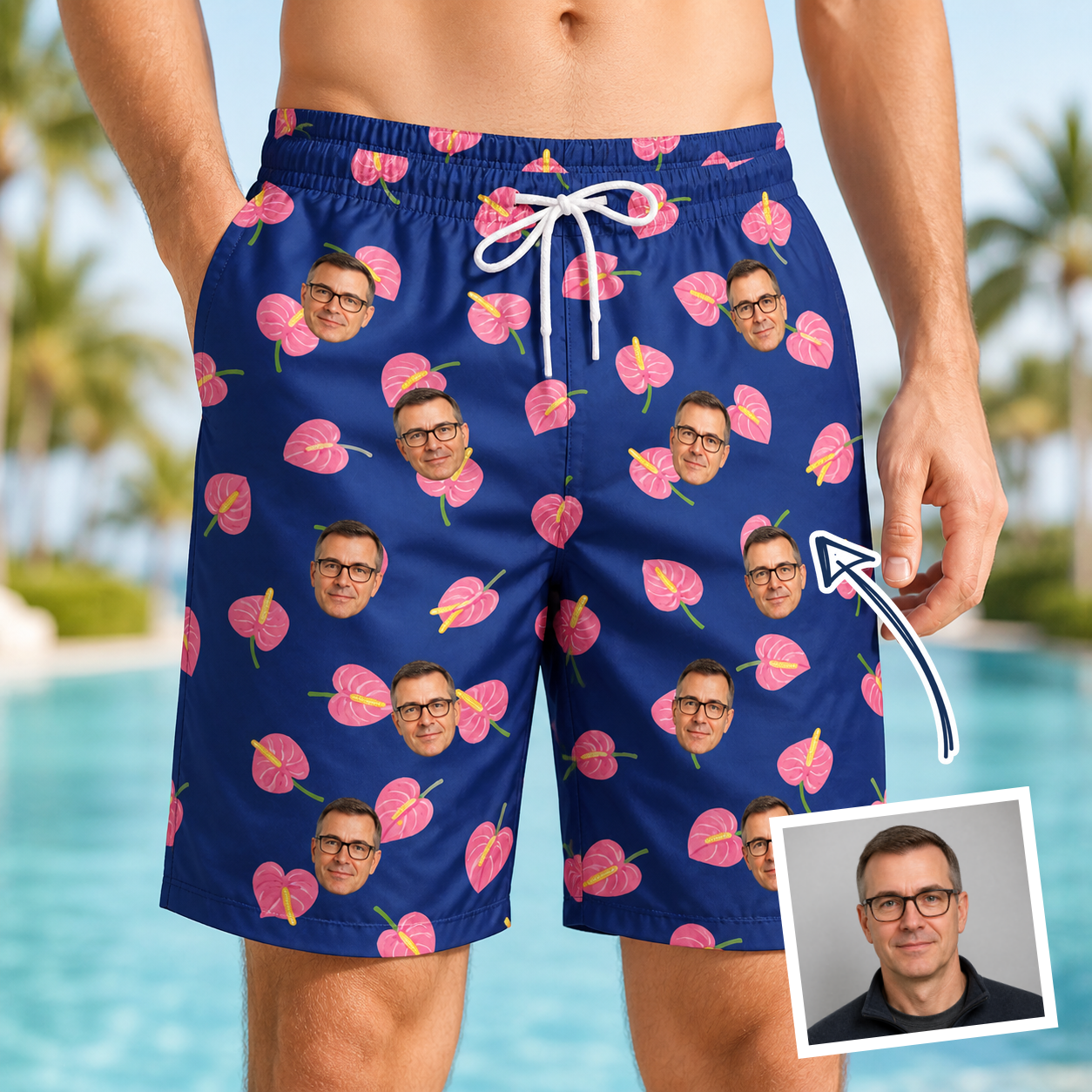 Man wearing Men's Arum Around Custom Face Beach Shorts — custom faces printed all-over