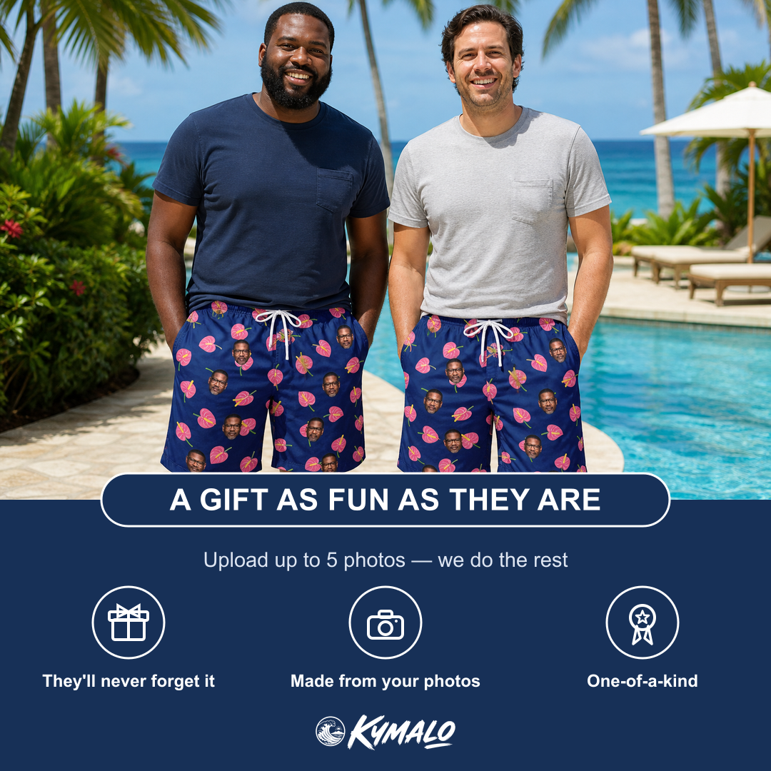 Friends in matching Men's Arum Around Custom Face Beach Shorts — a group gift photo