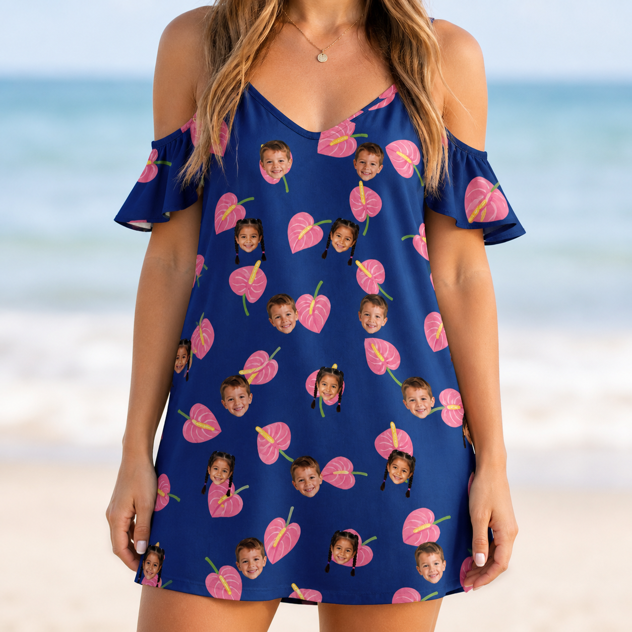 Model wearing Women's Arum Around Custom Face Off-Shoulder Dress printed with kids' faces