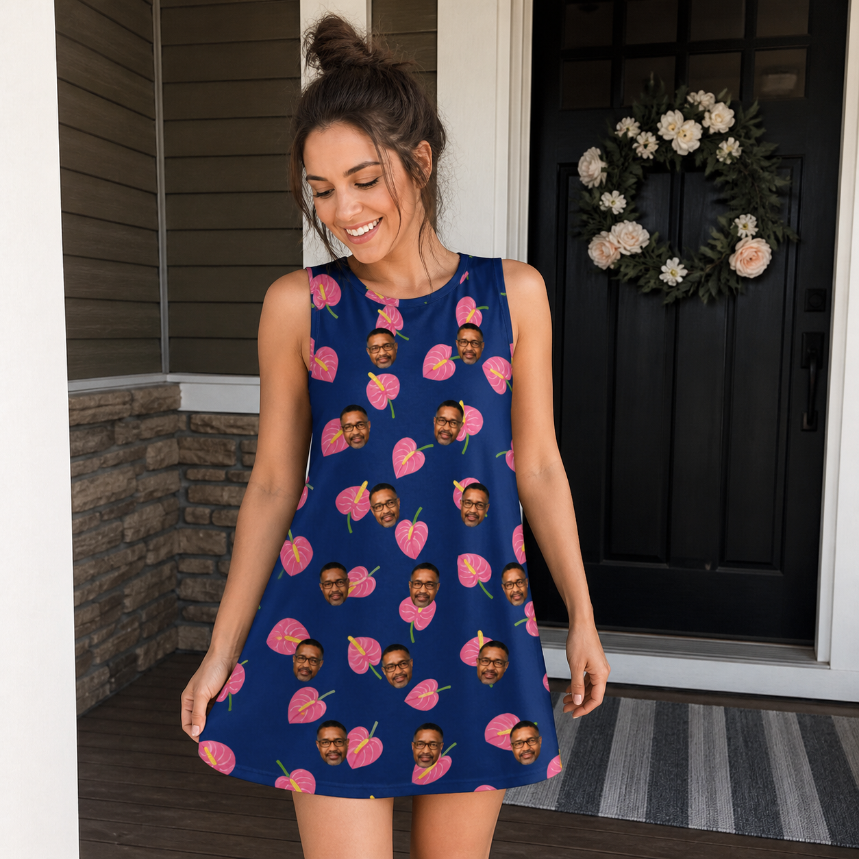 Real-life photo of someone wearing Women's Arum Around Custom Face Tank Dress — custom faces printed all-over