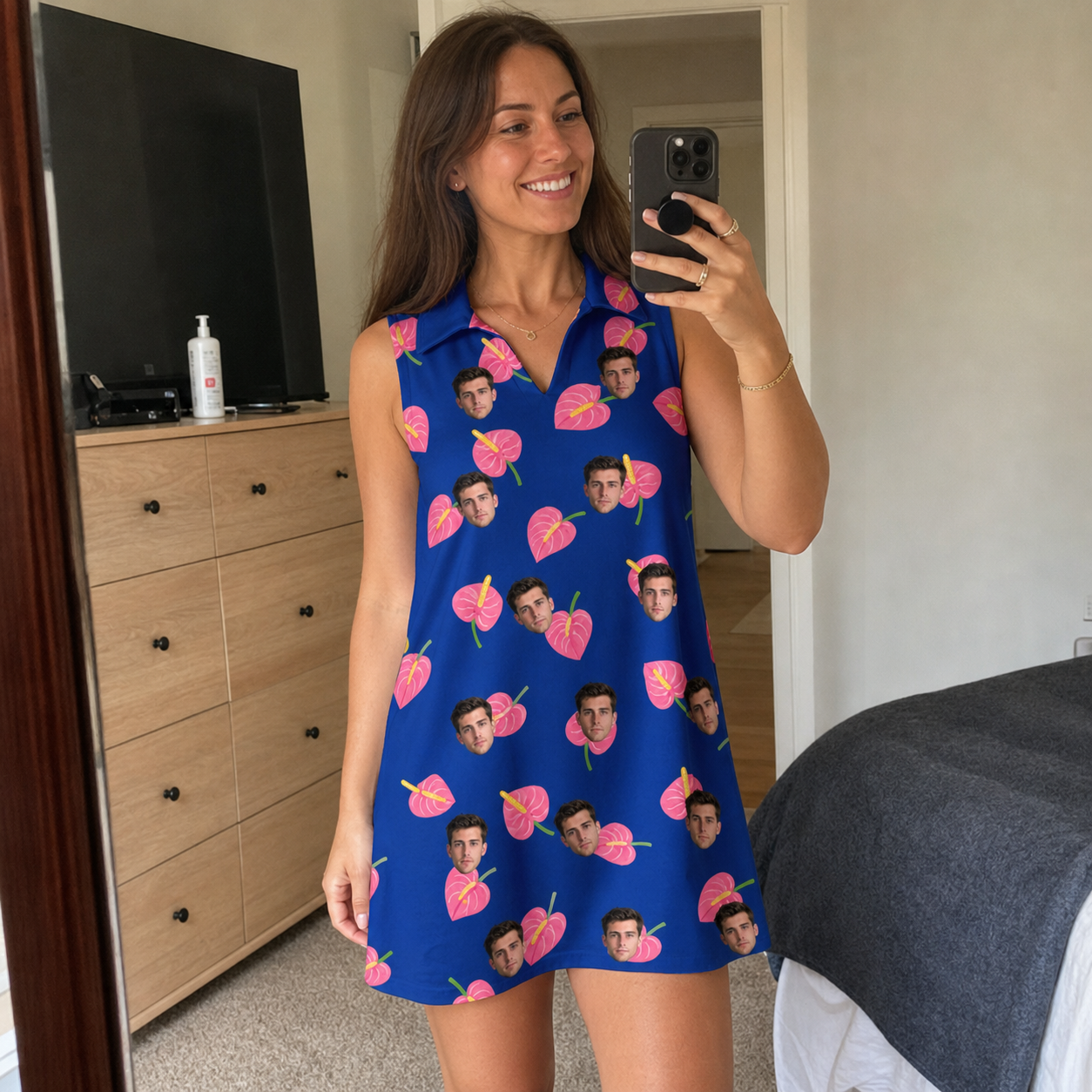 Real-life photo of someone wearing Women's Arum Around Custom Face V-Neck Dress — custom faces printed all-over