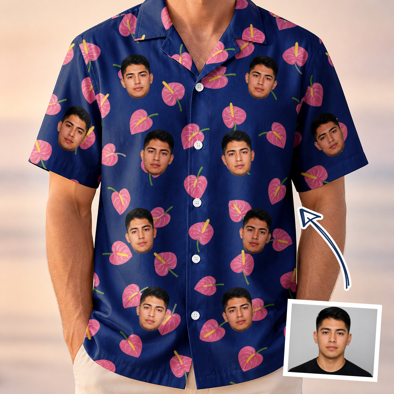 Man wearing Men's Arum Around Custom Face Hawaiian Shirt — custom faces printed all-over