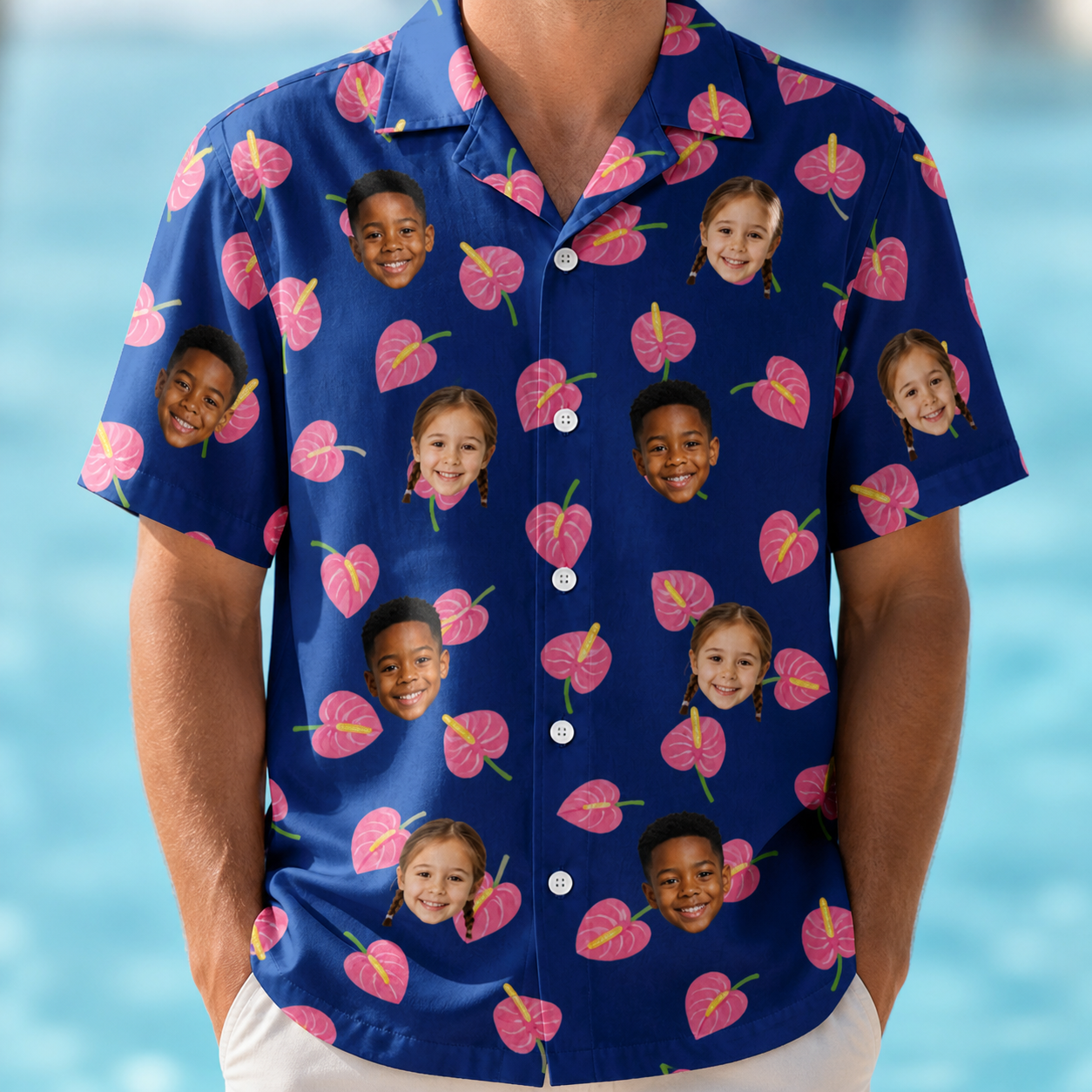Model wearing Men's Arum Around Custom Face Hawaiian Shirt printed with kids' faces