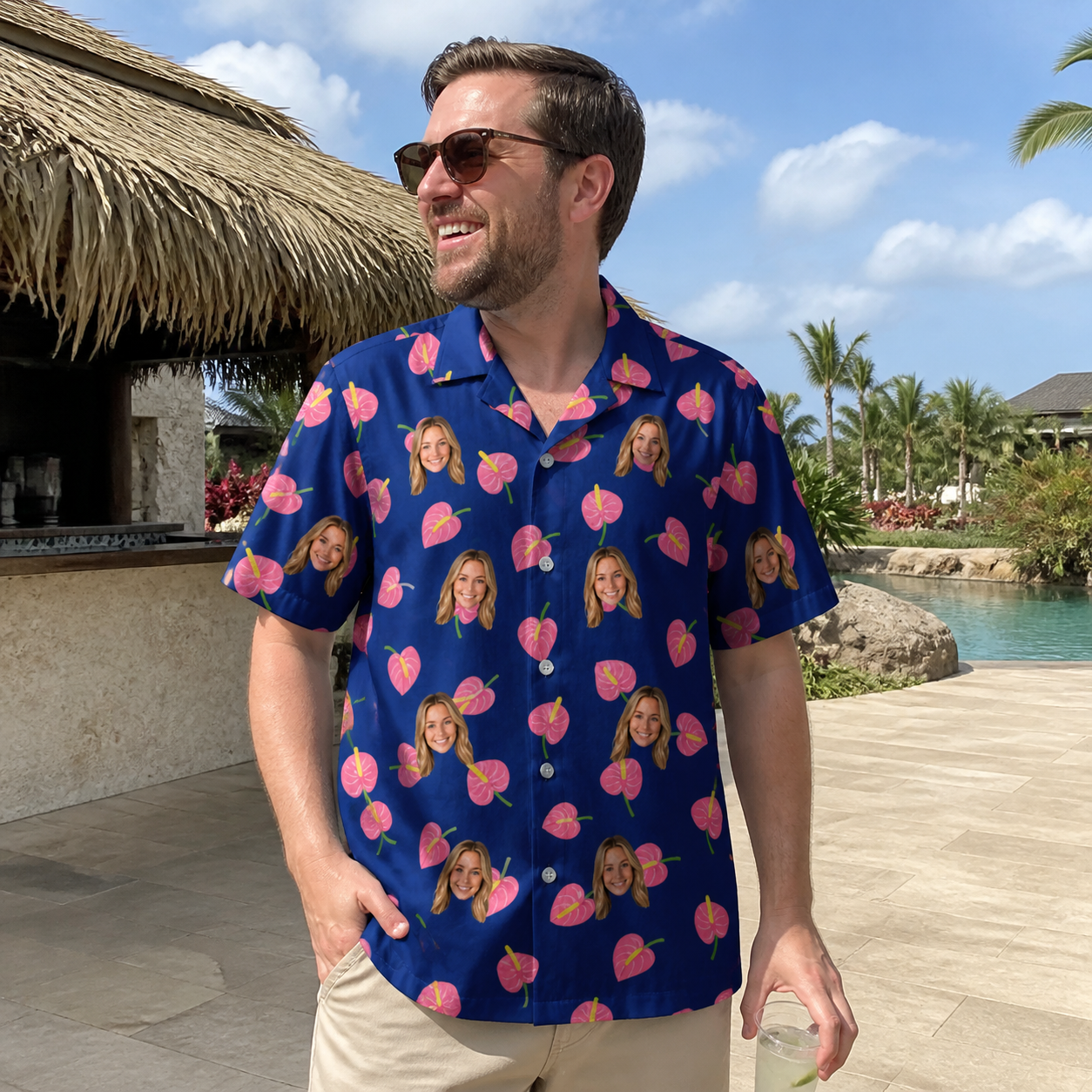 Real-life photo of someone wearing Men's Arum Around Custom Face Hawaiian Shirt — custom faces printed all-over