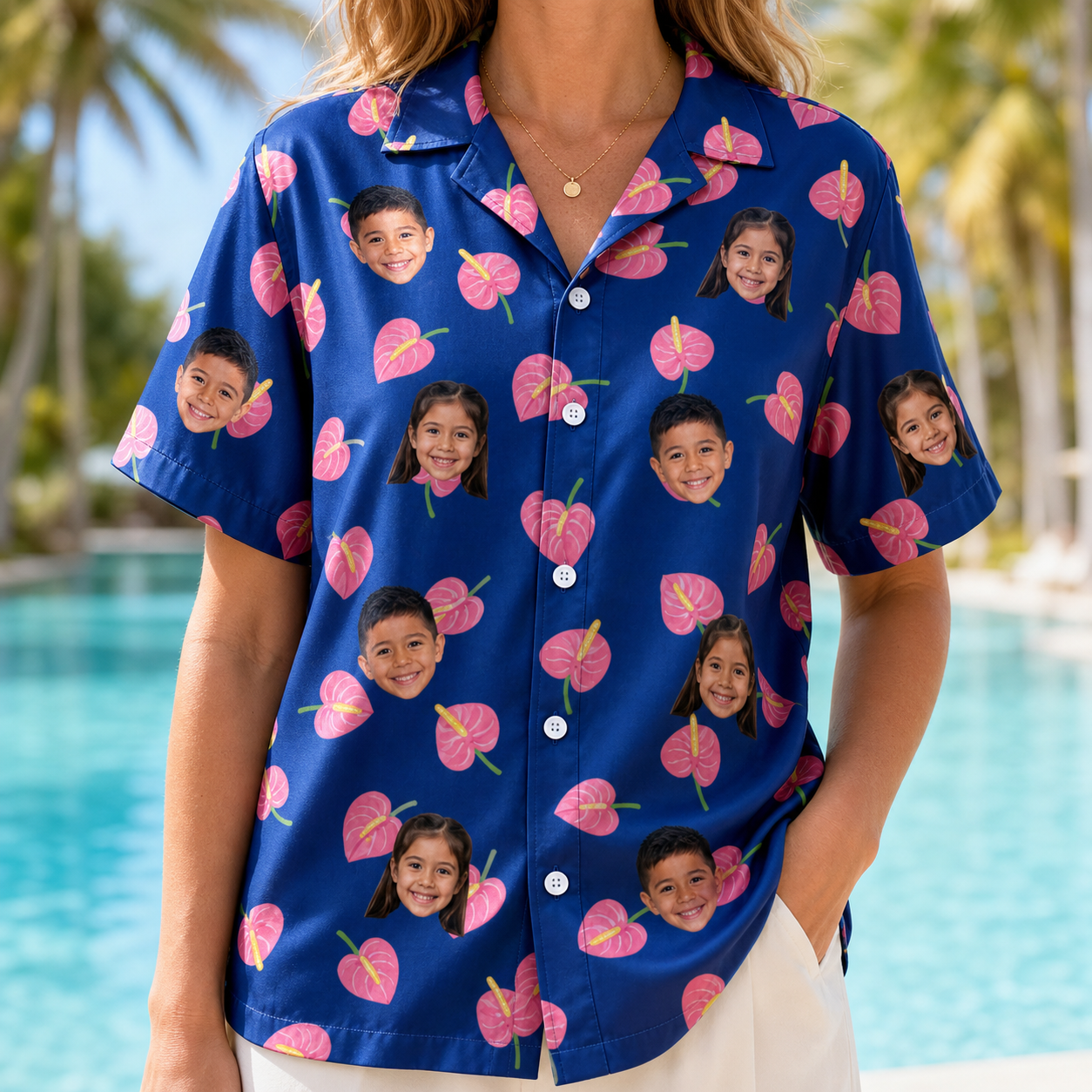 Model wearing Women's Arum Around Custom Face Hawaiian Shirt printed with kids' faces