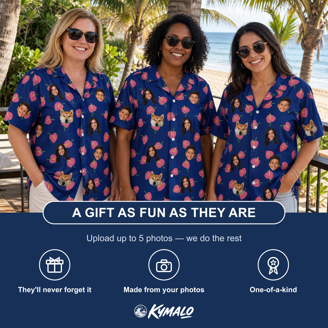 Friends in matching Women's Arum Around Custom Face Hawaiian Shirt — a group gift photo
