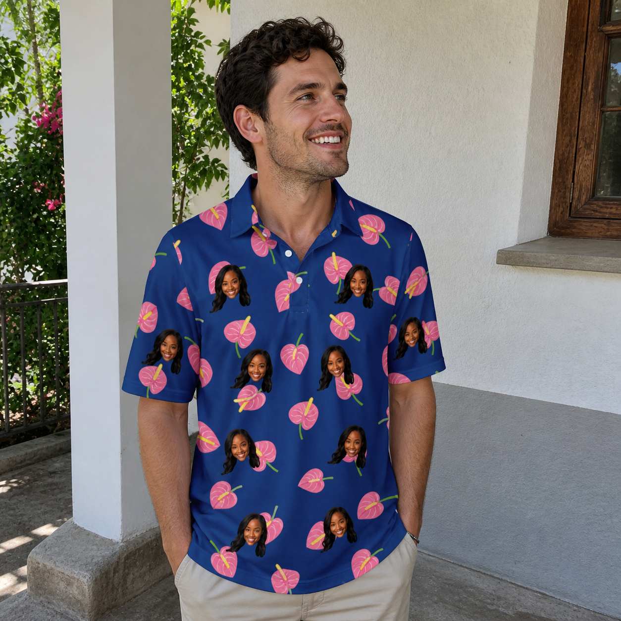 Real-life photo of someone wearing Men's Arum Around Custom Face Polo Shirt — custom faces printed all-over