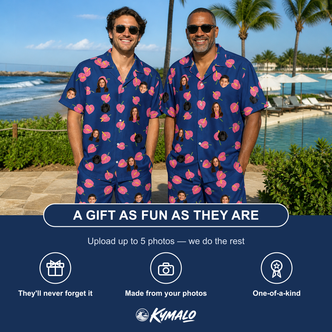 Friends in matching Men's Arum Around Custom Face Shirt & Shorts Set — a group gift photo