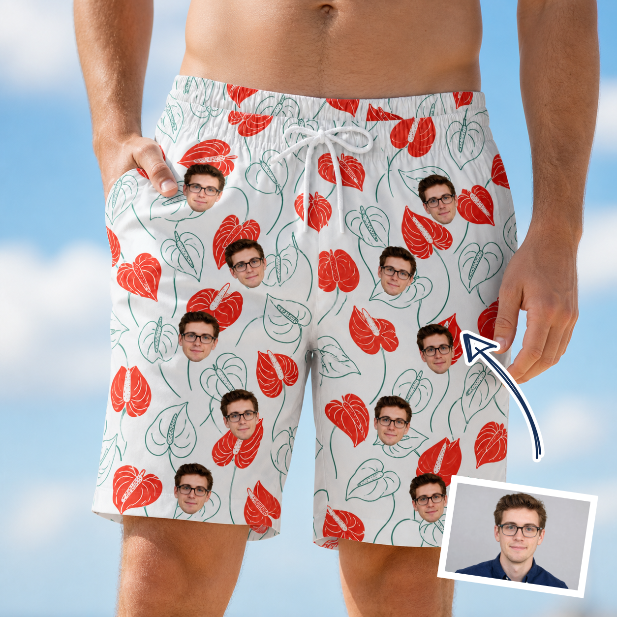 Man wearing Men's Heartleaf Heat Custom Face Beach Shorts — custom faces printed all-over