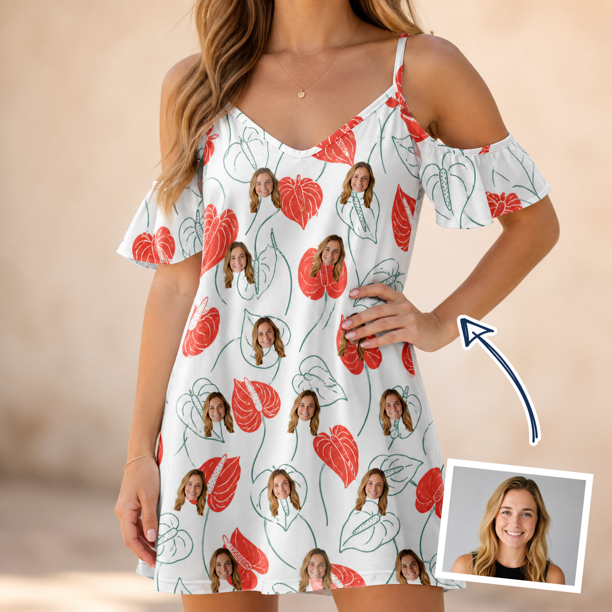 Woman wearing Women's Heartleaf Heat Custom Face Off-Shoulder Dress — custom faces printed all-over