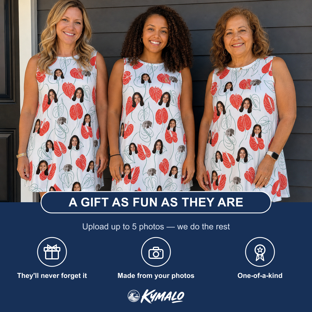 Friends in matching Women's Heartleaf Heat Custom Face Tank Dress — a group gift photo