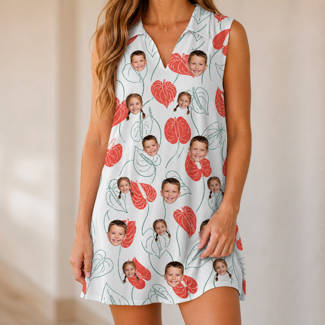 Model wearing Women's Heartleaf Heat Custom Face V-Neck Dress printed with kids' faces