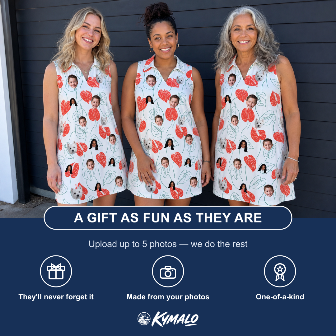 Friends in matching Women's Heartleaf Heat Custom Face V-Neck Dress — a group gift photo