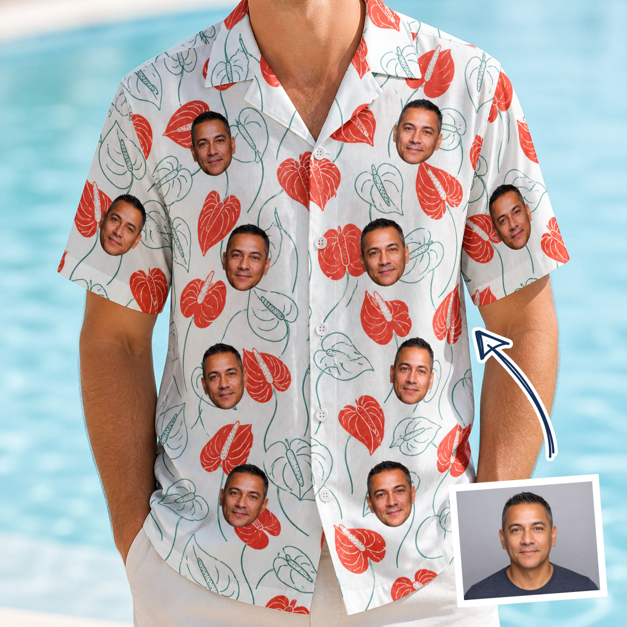 Man wearing Men's Heartleaf Heat Custom Face Hawaiian Shirt — custom faces printed all-over