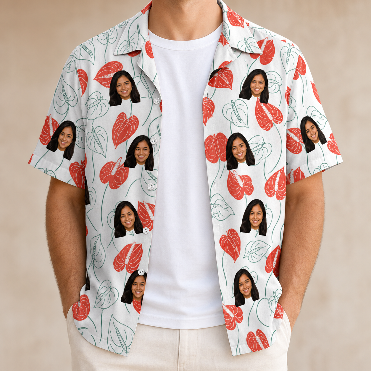 Man wearing Men's Heartleaf Heat Custom Face Hawaiian Shirt open over a white tee